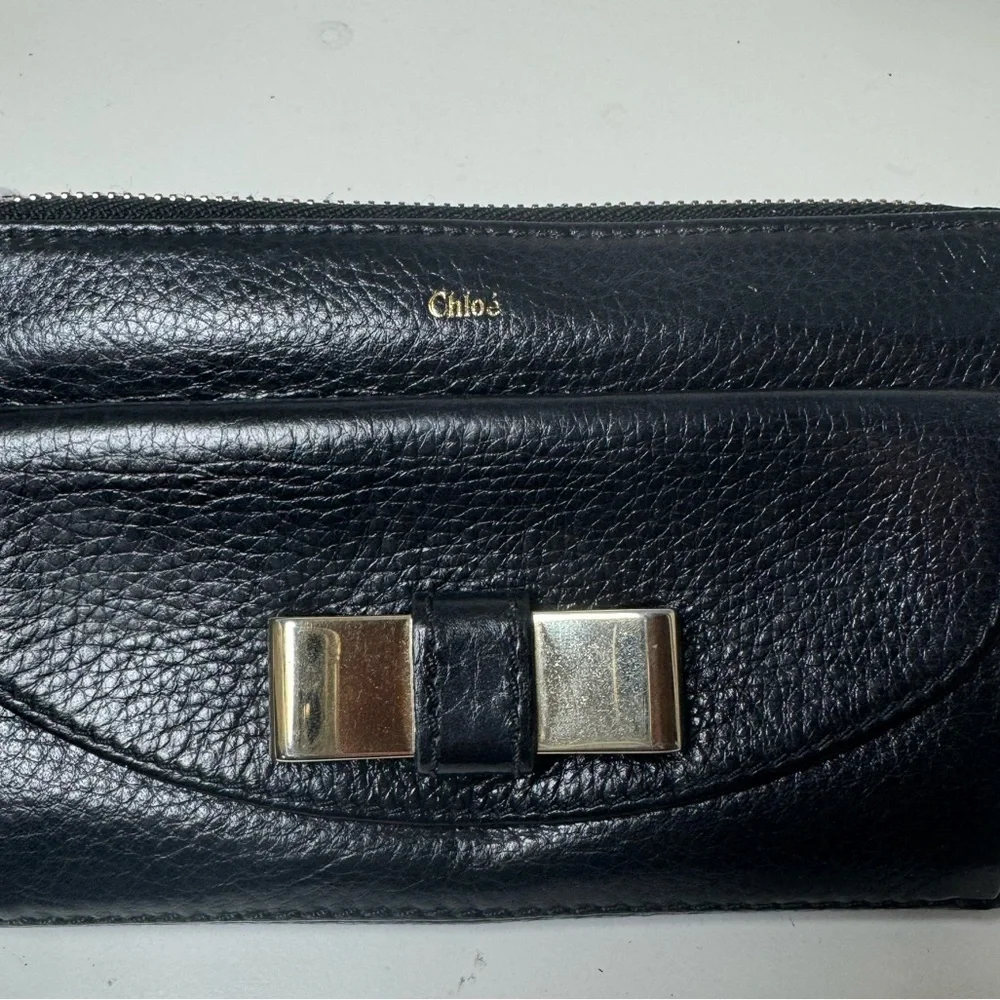 Chloé Continental Long Black Zippy Leather Wallet with Gold Tone Hardware